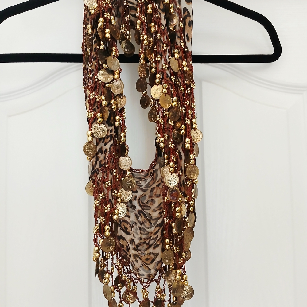 Leopard Print Scarf with Gold Coin Accents - Picture 8 of 11